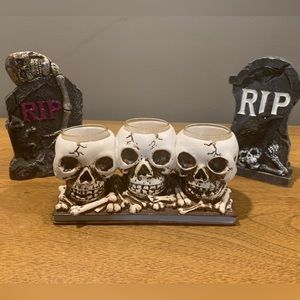 Yankee Candle Skull Tea Light Holder & RIP Table Top Decor Pieces,Good Condition